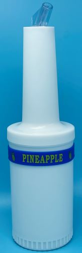 A bottle of pineapple juice with blue band around it.