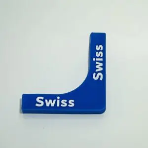 Blue Swiss angle bracket on white background.