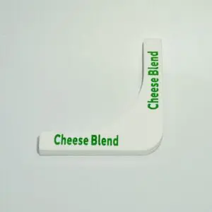Cheese Blend text on L-shaped white object.