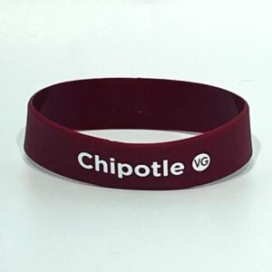 Maroon wristband with "Chipotle VG" text.