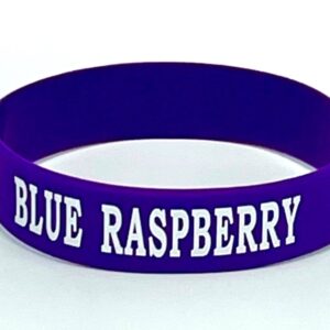 Purple wristband with "Blue Raspberry" text.