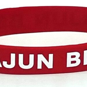 A red and white bracelet with the name " cajun blood ".