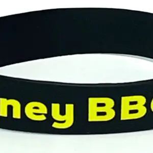 A black and yellow wristband with the words " honey bbq ".