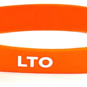 A close up of an orange bracelet with the word " lto ".