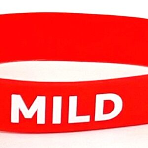 A red bracelet with the word mild written on it.