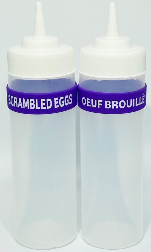 Two bottles of scrambled eggs and a bottle of bruille.