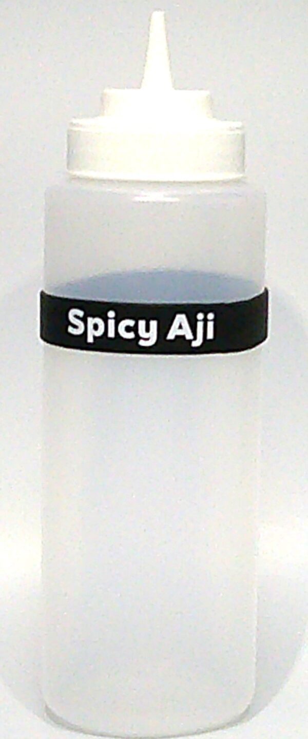 A black and white wristband with the words spicy aji on it.