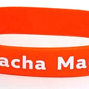 A close up of the orange bracelet with white lettering