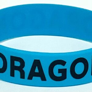 A blue wristband with the word " dragon " written on it.
