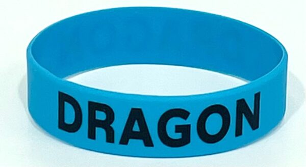 A blue wristband with the word " dragon " written on it.