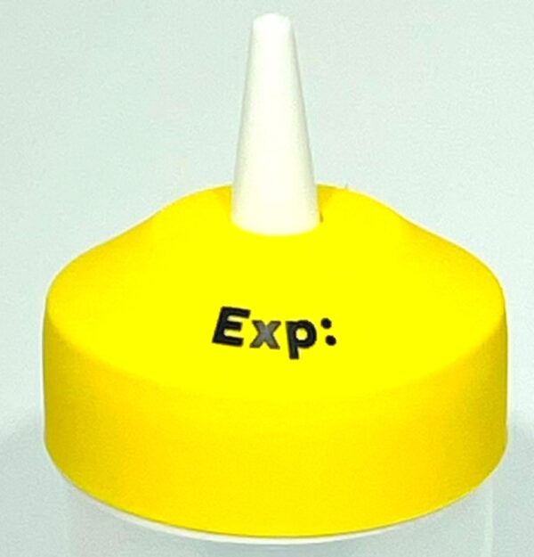 A yellow cap with the word exp written on it.