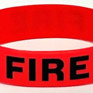 A red fire bracelet with the word " fire " written on it.