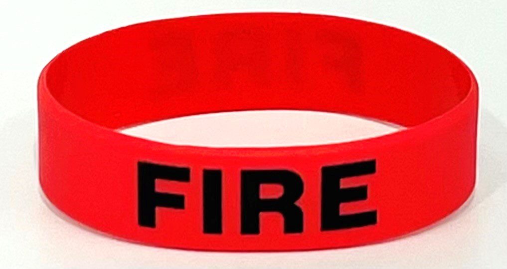 A red fire bracelet with the word " fire " written on it.