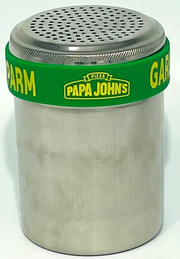 A jar with a green band around the top of it.