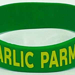 A green and yellow bracelet with the words garlic parmesan on it.