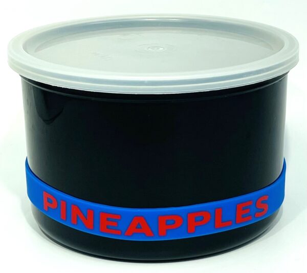 A black container with blue and red lettering.