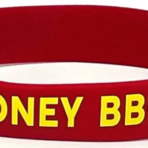 A red and yellow wristband with the words honey bbq written on it.