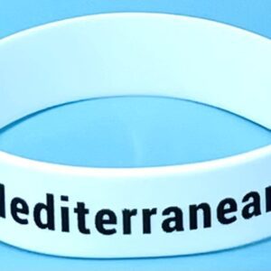 A white wristband with the word mediterranea written on it.
