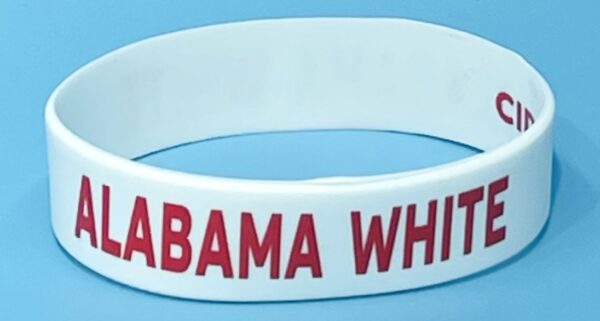 A white bracelet with the words alabama white on it.