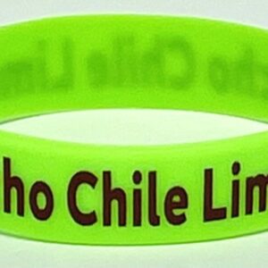 A green bracelet with the words " chico chile limes ".