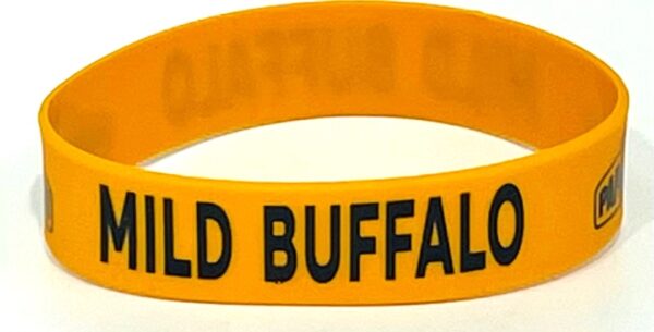 A yellow bracelet with the words " wild buffalo."