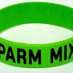 A green bracelet with the words " parm mix ".