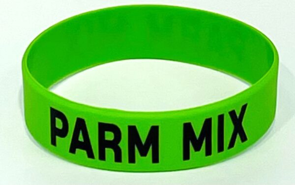 A green bracelet with the words " parm mix ".