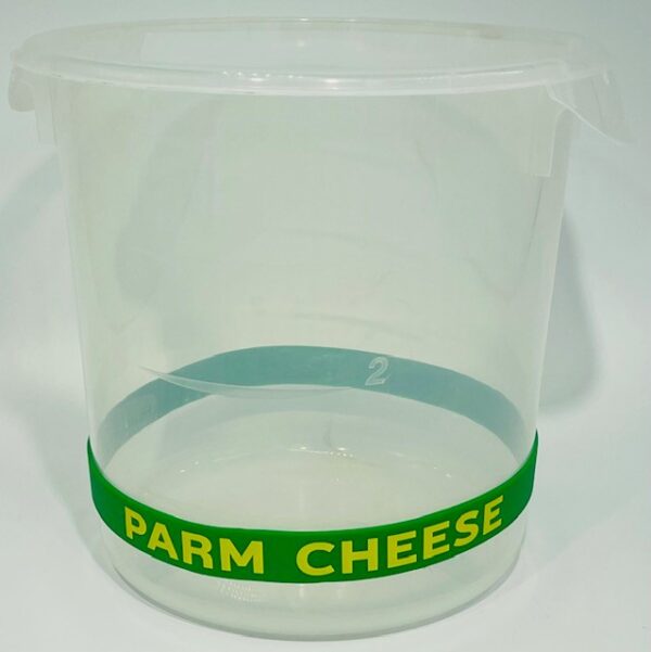 A plastic container with the words " parm cheese ".