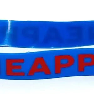A blue bracelet with the word " eappi " written on it.