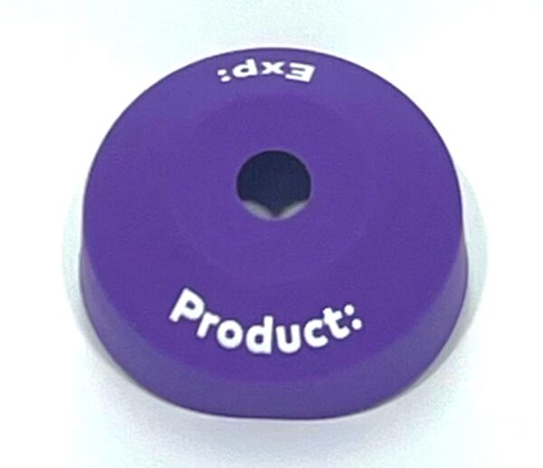 A purple product logo on top of a purple object.