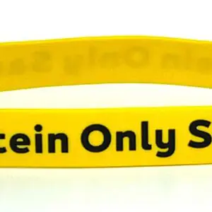 A yellow bracelet with the words " protein only serves ".