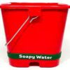 A red bucket with the words soapy water on it.