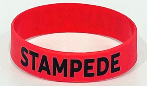 A red rubber bracelet with the word " stampede ".