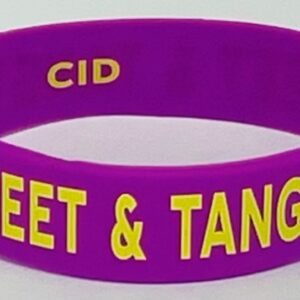 A purple bracelet with the words " sweet & tangy ".