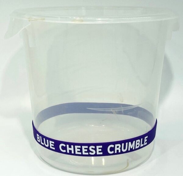 A plastic cup with blue cheese crumble written on it.