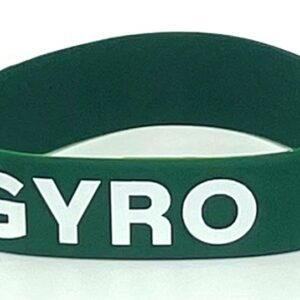 A green wristband with the word gyro written on it.