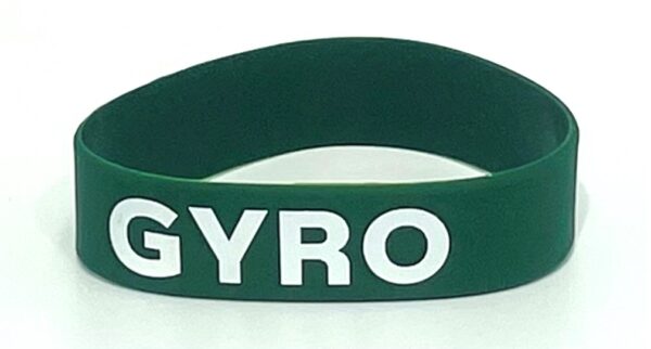 A green wristband with the word gyro written on it.