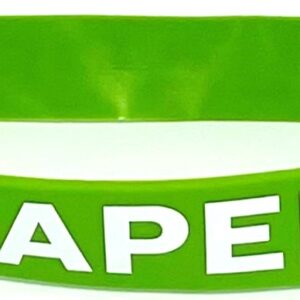 A green bracelet with the word " paper ".