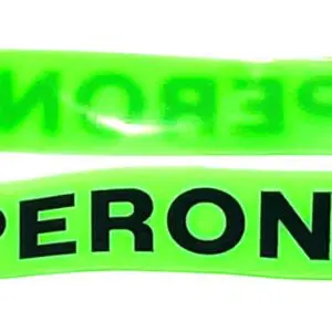 A neon green wristband with the word peroni written on it.