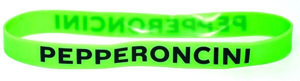 A neon green wristband with the word peroni written on it.