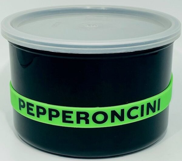 A container of pepperoncini is shown.