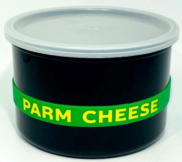 A container of parm cheese with green and yellow lettering.