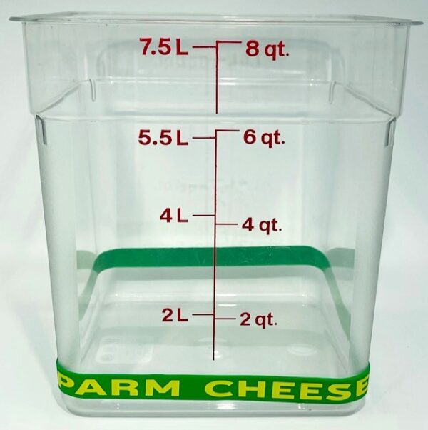 A container with the measurements of each cheese.