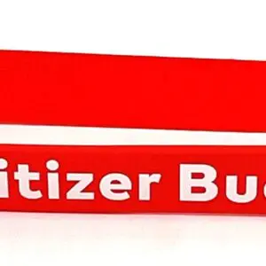 A red wristband with the words " sanitizer buddy ".