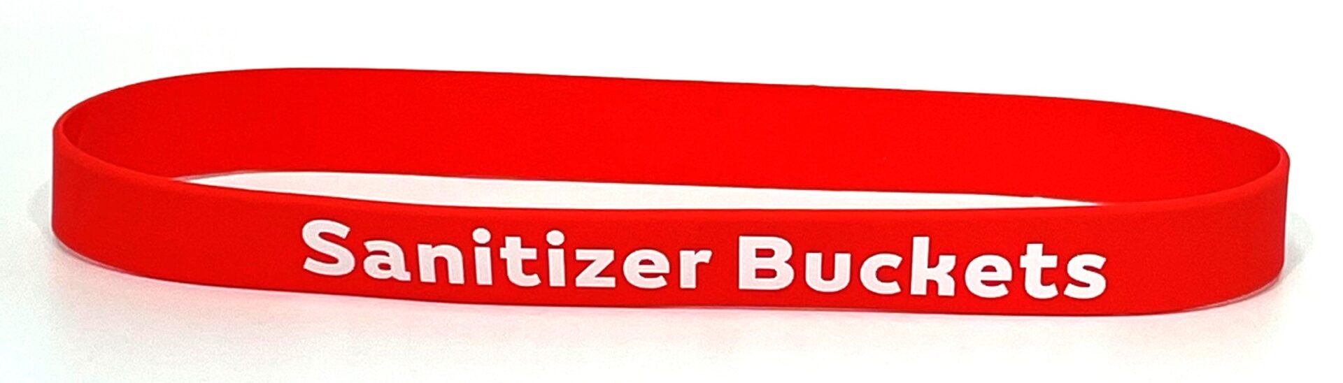 A red wristband with the words " sanitizer buddy ".