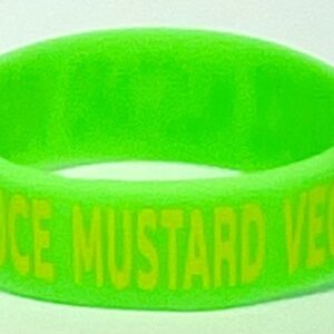 A neon green bracelet with the words " produce mustard vegetables ".