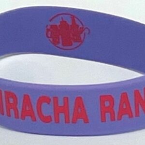 A purple bracelet with the name of a ranch on it.