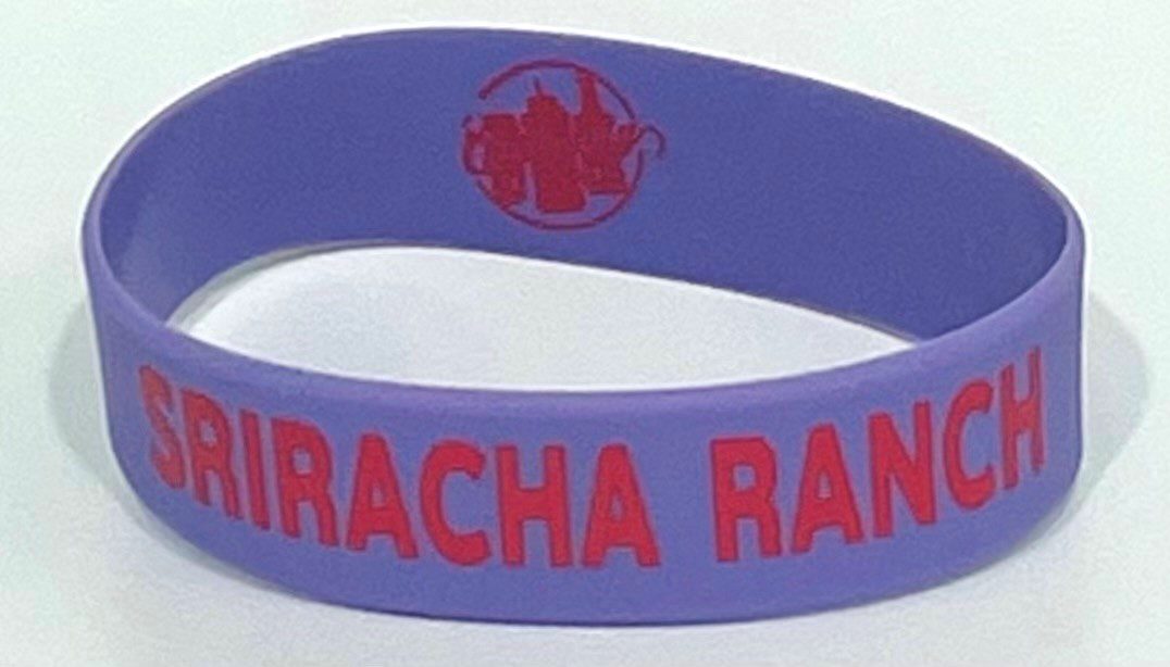 A purple bracelet with the name of a ranch on it.