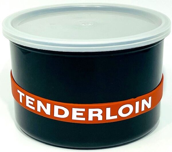 A black container with the name tenderloin on it.