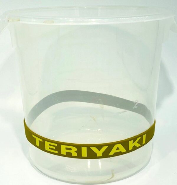 A plastic container with the name teriyaki on it.